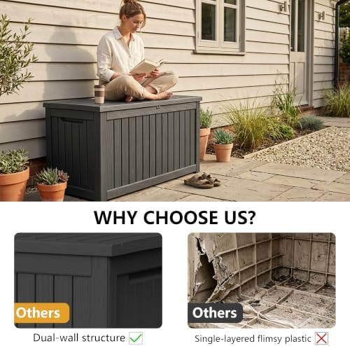 300 Gallon Outdoor Storage Box Waterproof Lockable Resin Deck Box Large, Patio Storage Bin for Pool Accessories Cushion Furniture, Garden Tools, UV-Resistant Outside Delivery Black