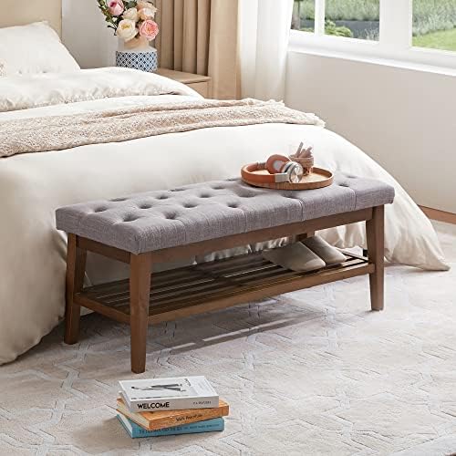 HUIMO Upholstered Entryway Shoe Bench, Button Tufted End of Bed Bench, Grey