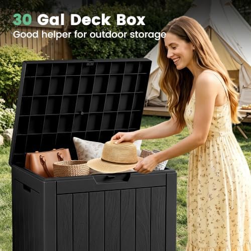 30 Gallon Outdoor Storage Box, Waterproof Resin Deck Box with Side Handles, Lockable Outdoor Bench for Indoor & Outdoor Use, Storage Bin for Patio Cushions, Garden Tools