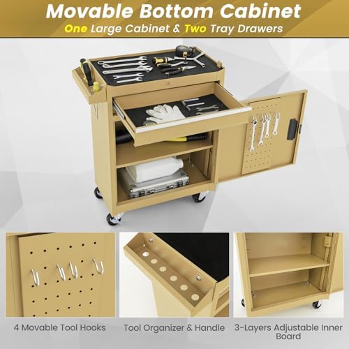 DREAMADE 5-Drawer Tool Chest Combo, Rolling Tool Cabinet w/Detachable Top Tool Box, Adjustable Shelves, Lockable Wheels, Metal Tool Box for Garage, Workshop, Repair Shop Storage (Yellow)