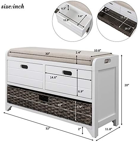 SOFTSEA Storage Bench with Drawers and Basket, Farmhouse Shoe Bench with Seating and Cushion for Hallway Entryway Living Room, Full Assembled (White Wash-2 Drawers)