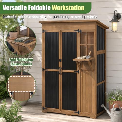 Outdoor Storage Cabinet, 51.4" W x 22.5" D x 70.5" H Tall Wood & Metal Garden Tool Shed with Fold-Out Table, 3 Fixed Shelves, Lockable Doors, Asphalt Roof for Patio, Backyard, Garage