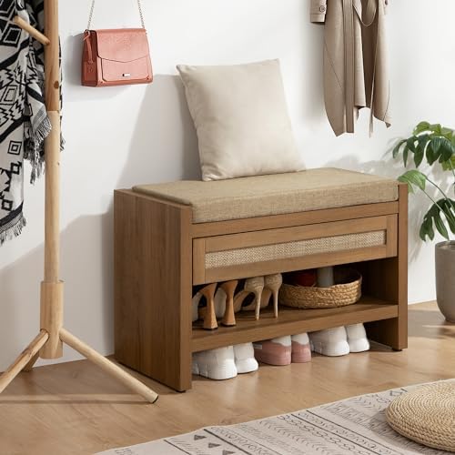 SICOTAS Rattan Shoe Bench Entryway Bench with Storage Drawer, Linen Cushion