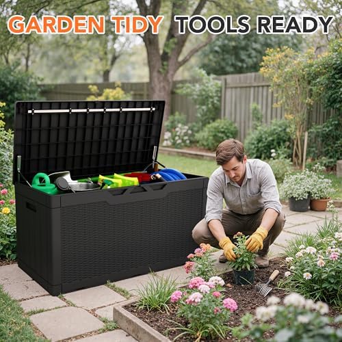 105 Gallon Deck Box Outdoor Indoor Waterproof Storage Box, Black