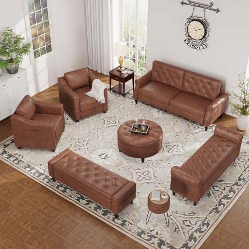 60" Storage Ottoman Bench, Faux Leather Upholstered Bed Bench, Brown