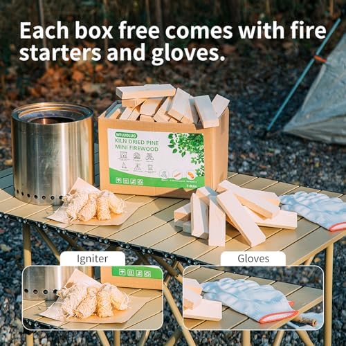 Mini Firewood with 4pcs Fire Starters&Gloves 5'' Lengths Pine Kiln Dried Fire Wood Great for Solo Stove Mesa XL, Tabletop Fire Pit,Pizza Oven Wood,Solo Stove Accessories