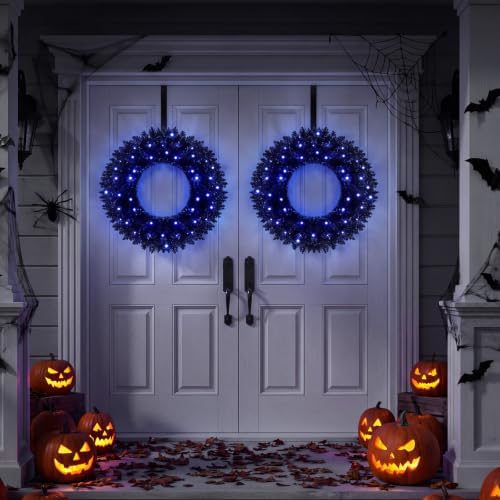 Goplus 24" Black Christmas Wreath with 35 Purple LED Lights, for Halloween