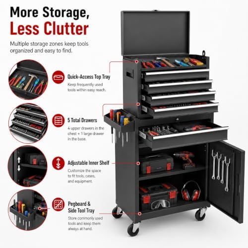 ARNOT 2-in-1 Rolling Tool Chest with 5 Drawers, Heavy-Duty Metal Tool Box with Wheels, Detachable Top Tool Box & Rolling Tool Cabinet for Garage, DIY (5-Drawers, Black)