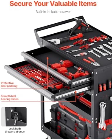 VEVOR 5-Tier Tool Cart with Wheels, 400 lbs Load Capacity, Rolling Work Cart with 2 Drawers & Pegboard, Mechanic Tool Storage Organizer with Locking System for Garage, Warehouse and Repair Shop, Black