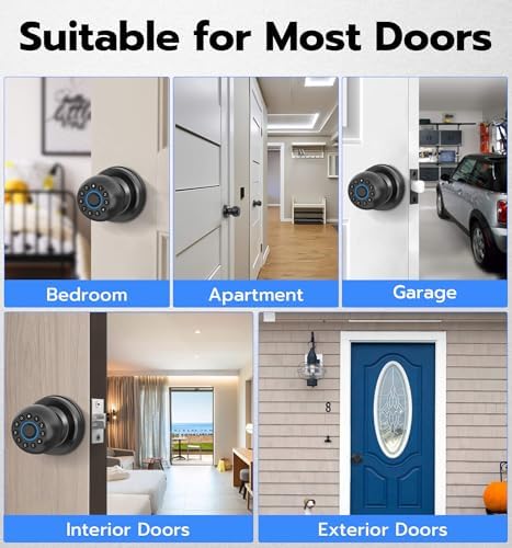 Anweller Smart Door Knob with Lock, Fingerprint Code Keypad Keyless Entry Electronic Digital Biometric Bluetooth App Control Doorknob for Bedroom Interior Apartment Garage - Black