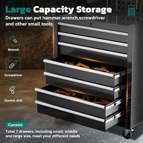 Greenvelly 7-Drawer Rolling Tool Chest with Pegboard, Pre-Assembled Metal Tool Box with Drawers, Tool Storage Cabinet with Wheels for Garage, Workshop, Repair Room (Black)