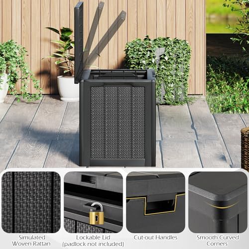 Giantex 25 Gallon Outdoor Storage Box, Patio Deck Box with Lockable Lid, Wicker-woven Texture, Waterproof Storage Bench for Pool Accessories, Garden Tools, Package Delivery, Patio Furniture (Black)