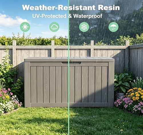 LAUSAINT HOME 150 Gallon Resin Deck Box, Package Delivery Box with Lockable Lid, Waterproof Outdoor Storage Box For Garden Tools, Patio Cushions(150 Gallon,Grey)