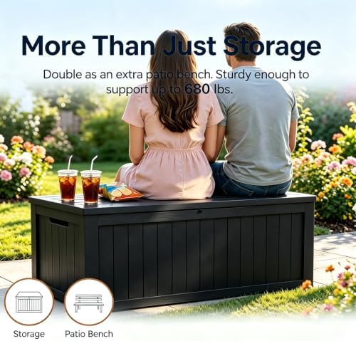 199 Gallon Large Resin Outdoor Storage Box, Waterproof Deck Box with Lockable Lid, Outside Storage Box for Patio Furniture, Pool Accessories, Garden Tools, Storage Bench for Backyard, Porch, Black