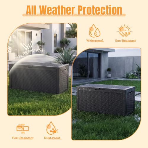 Outdoor Storage Box, 160 Gallon Waterproof Resin Deck Box with Support Rod