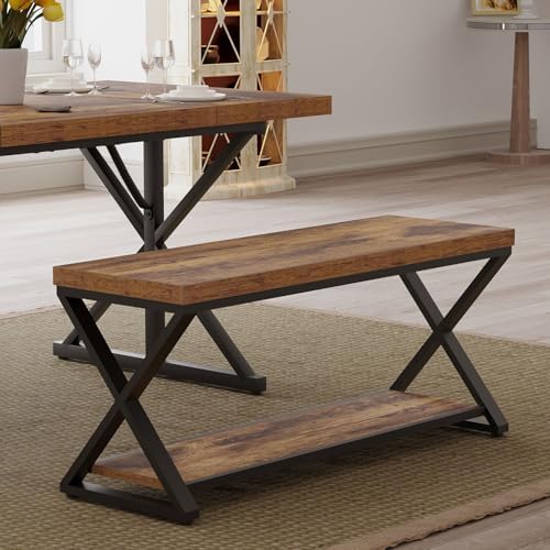 IBF Rustic Entryway Bench with Storage, Rustic Brown Wood and Metal Bench
