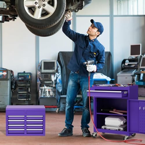 DREAMADE 5-Drawer Tool Chest Combo, Rolling Tool Cabinet w/Detachable Top Tool Box, Adjustable Shelves, Lockable Wheels, Metal Tool Box for Garage, Workshop, Repair Shop Storage (Purple)