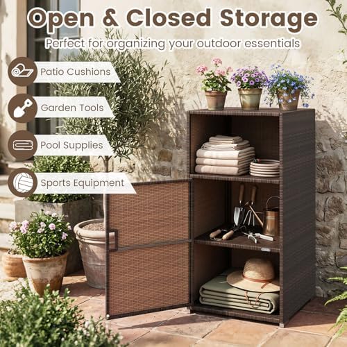 Tangkula Rattan Outdoor Storage Cabinet with 3 Storage Shelves