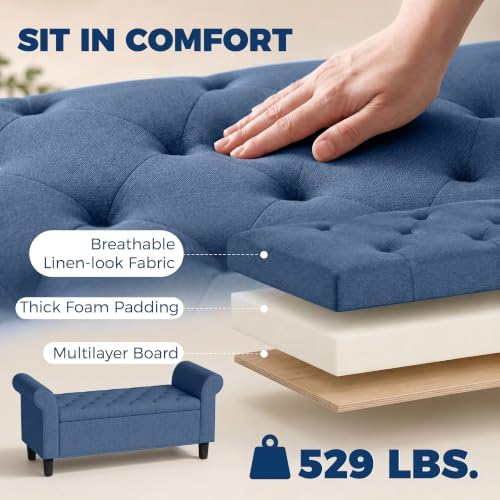 HOMCOM 47" Storage Ottoman End of Bed Bench with Rolled Arms Blue