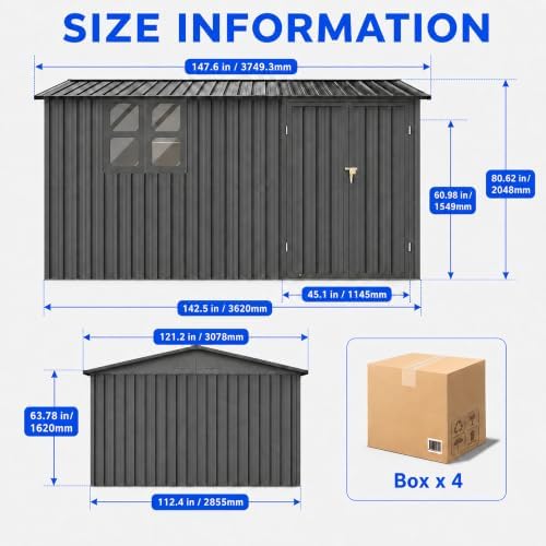 10x12 FT Outdoor Storage Shed, Large Metal Garden Shed with Window & Hinged Door, Upgraded Outside Tool Shed with Foldable Worktable & 2 Shelves, Waterproof Storage Building for Backyard, Gray