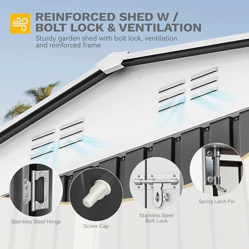 DWVO 12x8 FT Outdoor Storage Shed, Metal w/Lock & Window - Gray/White