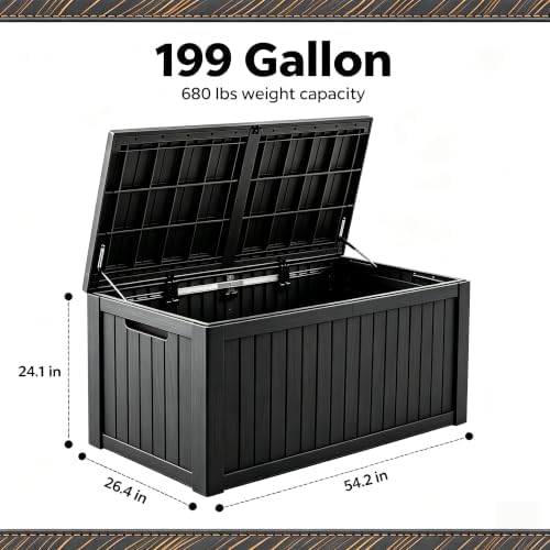 199 Gallon Large Resin Outdoor Storage Box, Waterproof Deck Box with Lockable Lid, Outside Storage Box for Patio Furniture, Pool Accessories, Garden Tools, Storage Bench for Backyard, Porch, Black