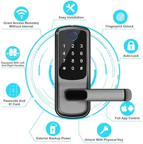 Smart Door Lock with Handle,Fingerprint Exterior Locks,Wireless APP Control, Keyless Entry Digital Lock for Front/Interior Door,Biometric Door Knob,Smart Locks for Home, Apartment, Office(Black)