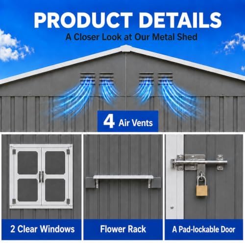 10x8 FT Outdoor Storage Shed with 2 Clear Windows, Metal Garden Shed with Flower Racks & Baskets, Outside Tool Shed with Lockable Double Doors, Waterproof Storage Building for Backyard, Gray