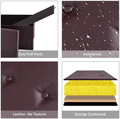 43" Folding Storage Ottoman Bench, Faux Leather Storage Chest, Brown