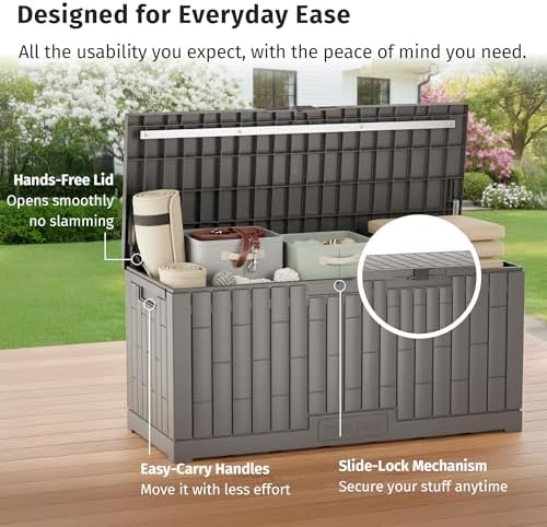 EAST OAK 120 Gallon Outdoor Storage Box | Large Resin Deck Box with Reinforced Stainless Steel Support | Waterproof & UV-Resistant Patio Storage Box for Cushions, Garden Tools & Accessories, Grey