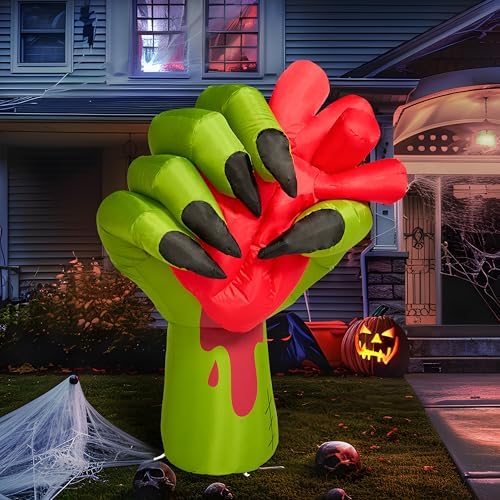 JOIEDOMI 5 Ft Halloween Inflatables Zombie Hand Outdoor Decorations, Blow Up Decors with Build-in LEDs and Pumping Heart, Halloween Inflatables Zombie Hand Party Decoration for Yard Garden Lawn