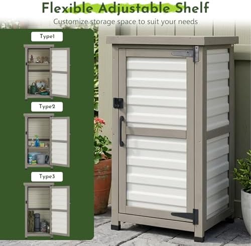 Small Outdoor Storage Cabinet with Waterproof Metal Top, White Wood & Plastic Potting Bench Table with Removable Shelf, Outside Cabinets Work Station for Patio, Balcony,17.9''x17.9''x33.5''