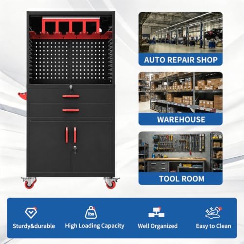 Mobile Tool Cart, Tool Chest with Locking Wheels, Charging Station