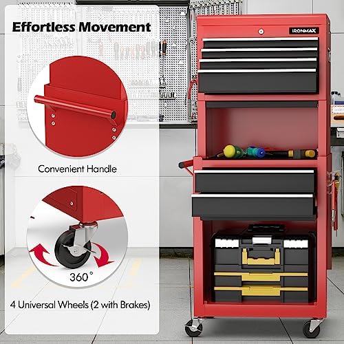 IRONMAX Tool Cabinet on Wheels, 6-Drawer Lockable Rolling Tool Chest, Red