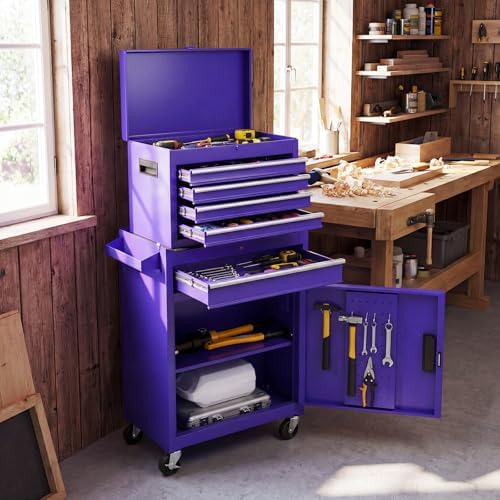 DREAMADE 5-Drawer Tool Chest Combo, Rolling Tool Cabinet w/Detachable Top Tool Box, Adjustable Shelves, Lockable Wheels, Metal Tool Box for Garage, Workshop, Repair Shop Storage (Purple)