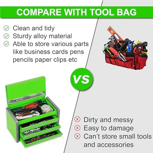 P.I.T. Mini Tool Box,3 Drawers Small Metal Toolbox for Tools Storage,Green