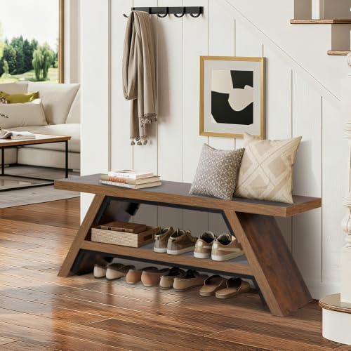 2-Tier Shoe Storage Bench, 47" Solid Wood Entryway Stool Storage
