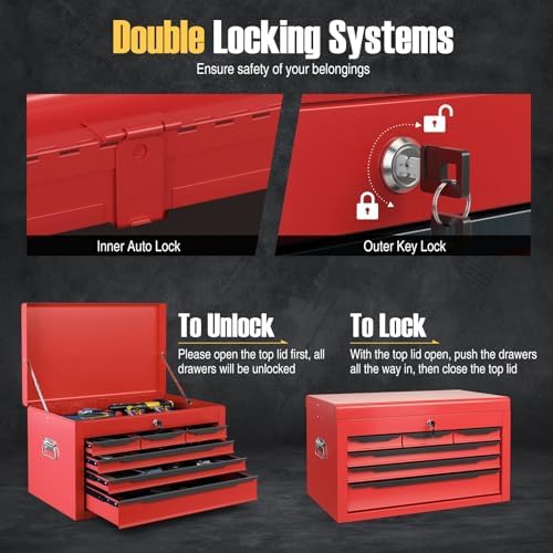Tool Box, 6-Drawer Steel Tool Chest with Top Storage Automatic Lock & EVA Liner, Portable Tool Storage Organizer for Repair Shop Garage Warehouse (Red)