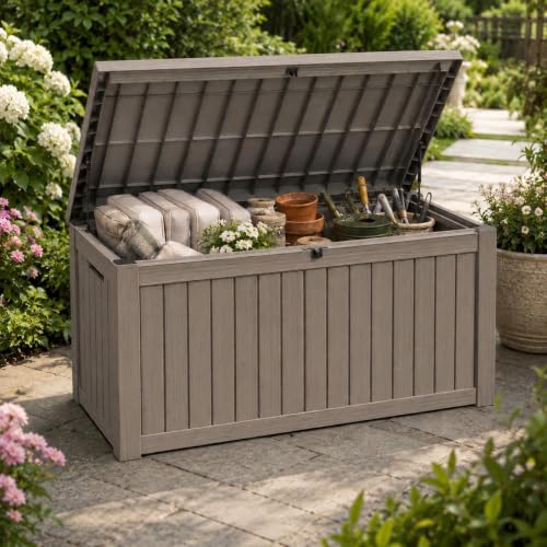 Outdoor Storage Box Resin Deck Box Waterproof Gray Brown 155 Gallon
