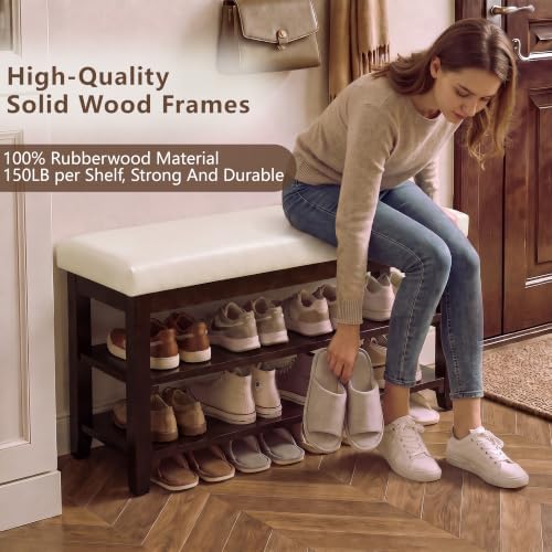 40" Wooden Shoe Rack with Seating, Entryway Bench with Shoe Storage, Beige