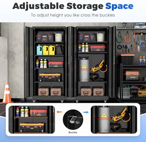 INTERGREAT Metal Storage Cabinet with Wheels, 72" Garage Storage Cabinets with Door and 4 Shelves, Tool Storage Locker on Caster for Home, Office, Black