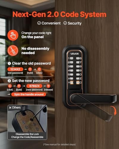 VEVOR Mechanical Keyless Entry Door Lock, 2.0 Code Upgrade, 4-7 Digits Code, Double-Sided Push Button Combination Keypad Door Lock with Handle, Auto Locking, for Indoor or Outdoor, Oil-Rubbed Bronze
