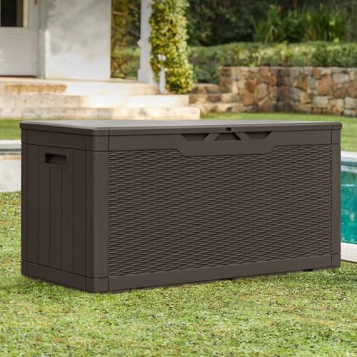 Greesum 100 Gallon Resin Patio Storage Box for Garden Tools, Dark Brown