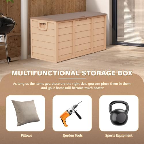 75 Gallon Outdoor Deck Box - Heavy Duty Resin Storage with Lockable Lid, UV Resistant for Patio Furniture Cushions, Pillows (Brown)