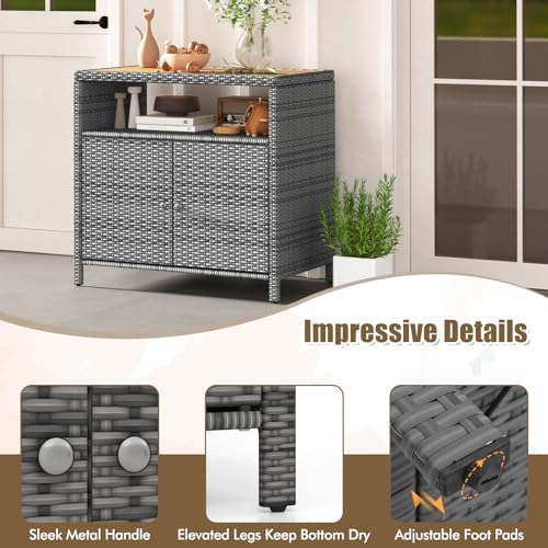 Rattan Storage Cabinet, Outdoor & Indoor Sideboards with Acacia Wood Countertop & Open Compartment, Wicker Patio Buffet Storage Bar Table for Garden Kitchen Poolside Backyard (Grey)