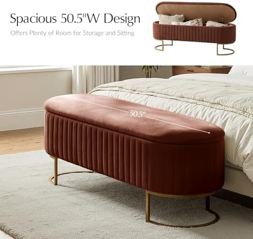 EcoHarbor Living 50.5" Storage Bench Velvet Bedroom Ottoman,Upholstered End of Bed Bench with Gold Legs,Flipping Lid Entryway Footrest, Burn Brick