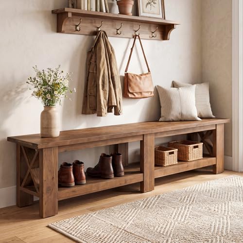 70.87" Solid Wood Entryway Shoe Bench, Extra Long Storage Bench