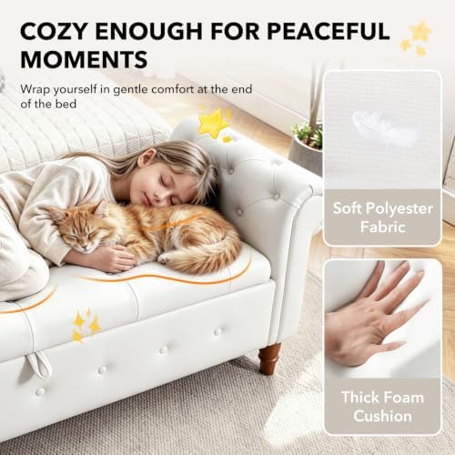 NIOIIKIT 63'' Storage Ottoman Bench, Tufted Entryway Bench White Polyester