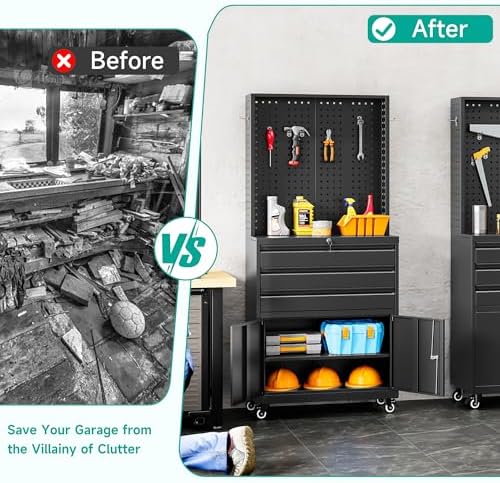 SISESOL Metal Storage Cabinet with Wheels and Drawers,Rolling Garage Storage Cabinet with Lock,Black Metal Tool Cabinet with Hooks,Tall Tool Cabinet on Wheels for Garage,Home,Office,Shop