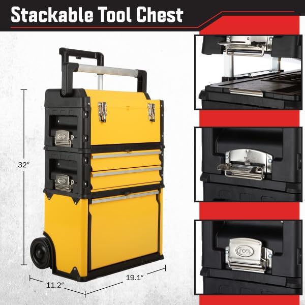 stalwart stackable rolling tool box with wheels, yellow shown in use